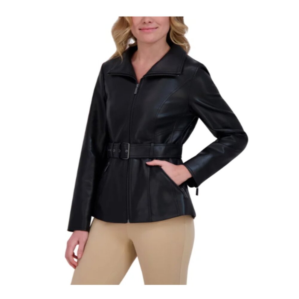 Kenneth Cole Women's Belted Faux Leather Jacket Black - Picture 1 of 4